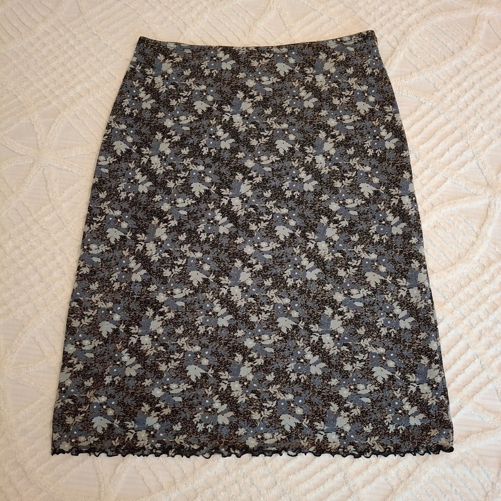 J. Jill Womens Medium Midi Skirt Blue Black Floral Mesh Lettuce Hem Pull On